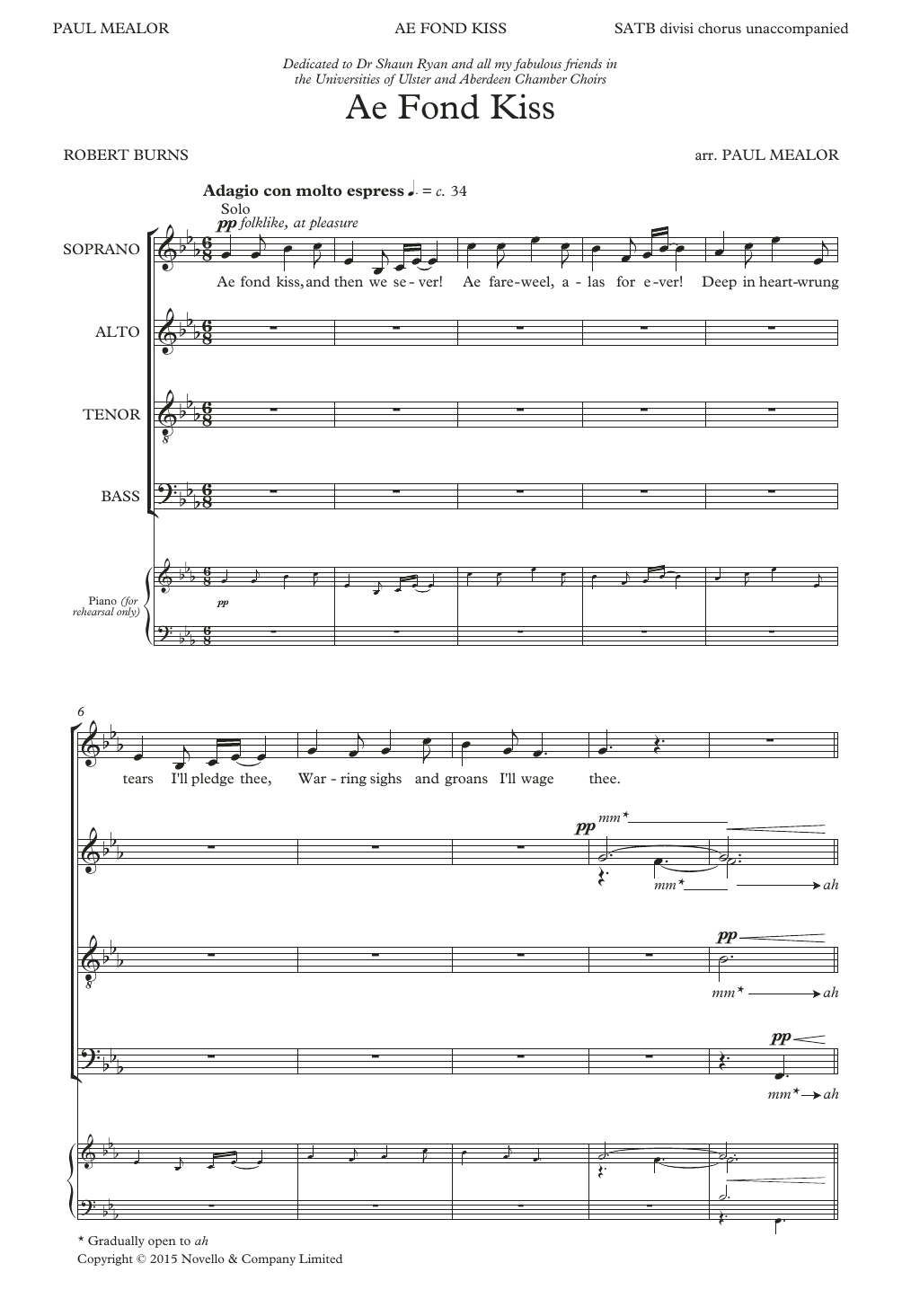 Download Robert Burns Ae Fond Kiss (arr. Paul Mealor) Sheet Music and learn how to play SATB Choir PDF digital score in minutes