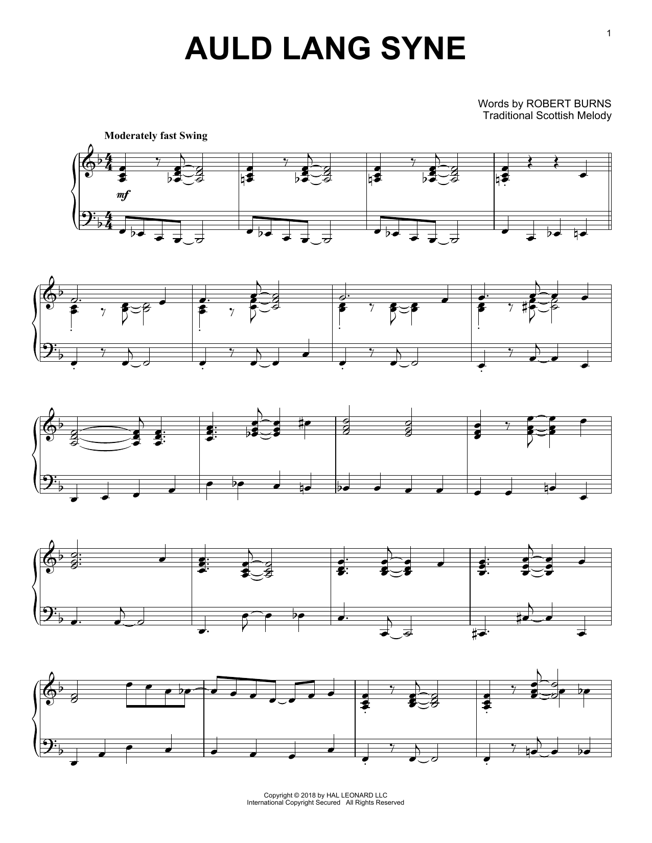 Download Robert Burns Auld Lang Syne [Jazz version] Sheet Music and learn how to play Piano Solo PDF digital score in minutes