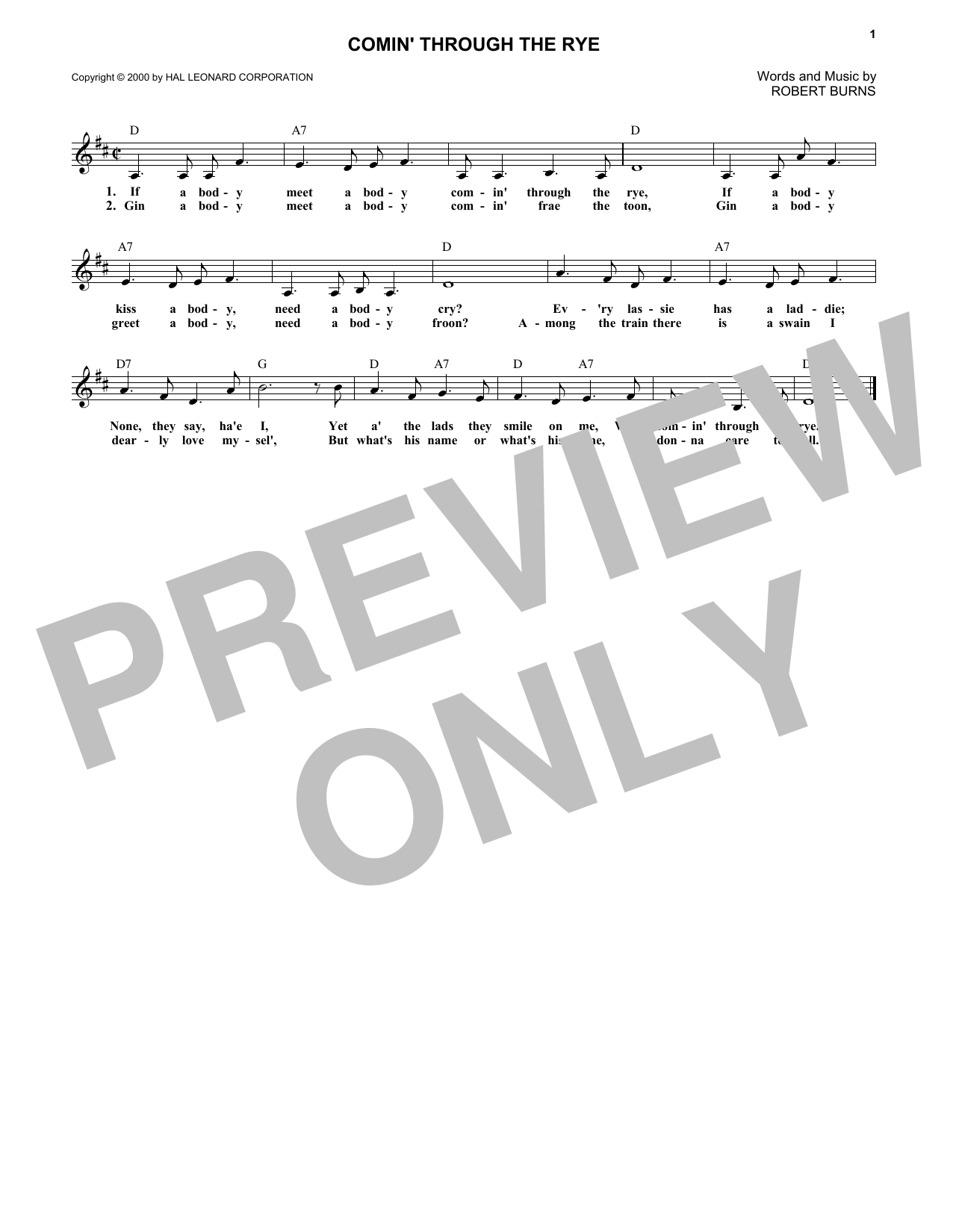 Download Robert Burns Comin' Through The Rye Sheet Music and learn how to play Melody Line, Lyrics & Chords PDF digital score in minutes