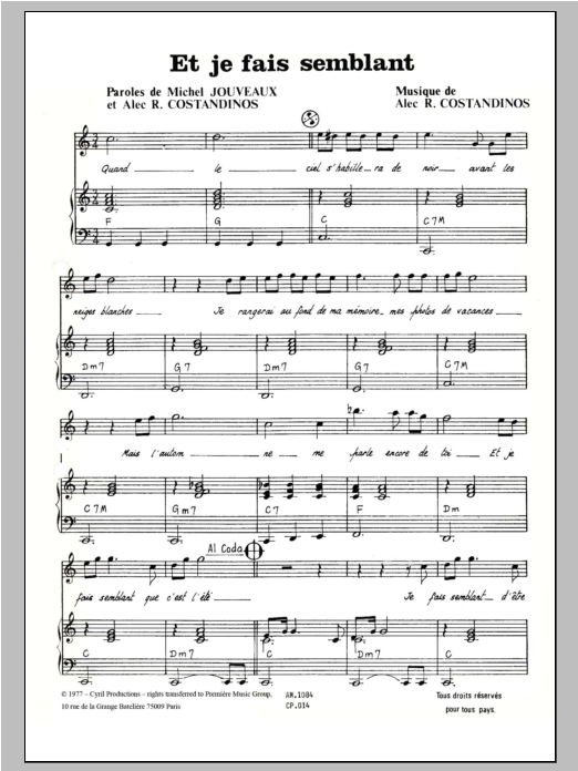 Download Robert Constandinos Et Je Fais Semblant Sheet Music and learn how to play Piano & Vocal PDF digital score in minutes