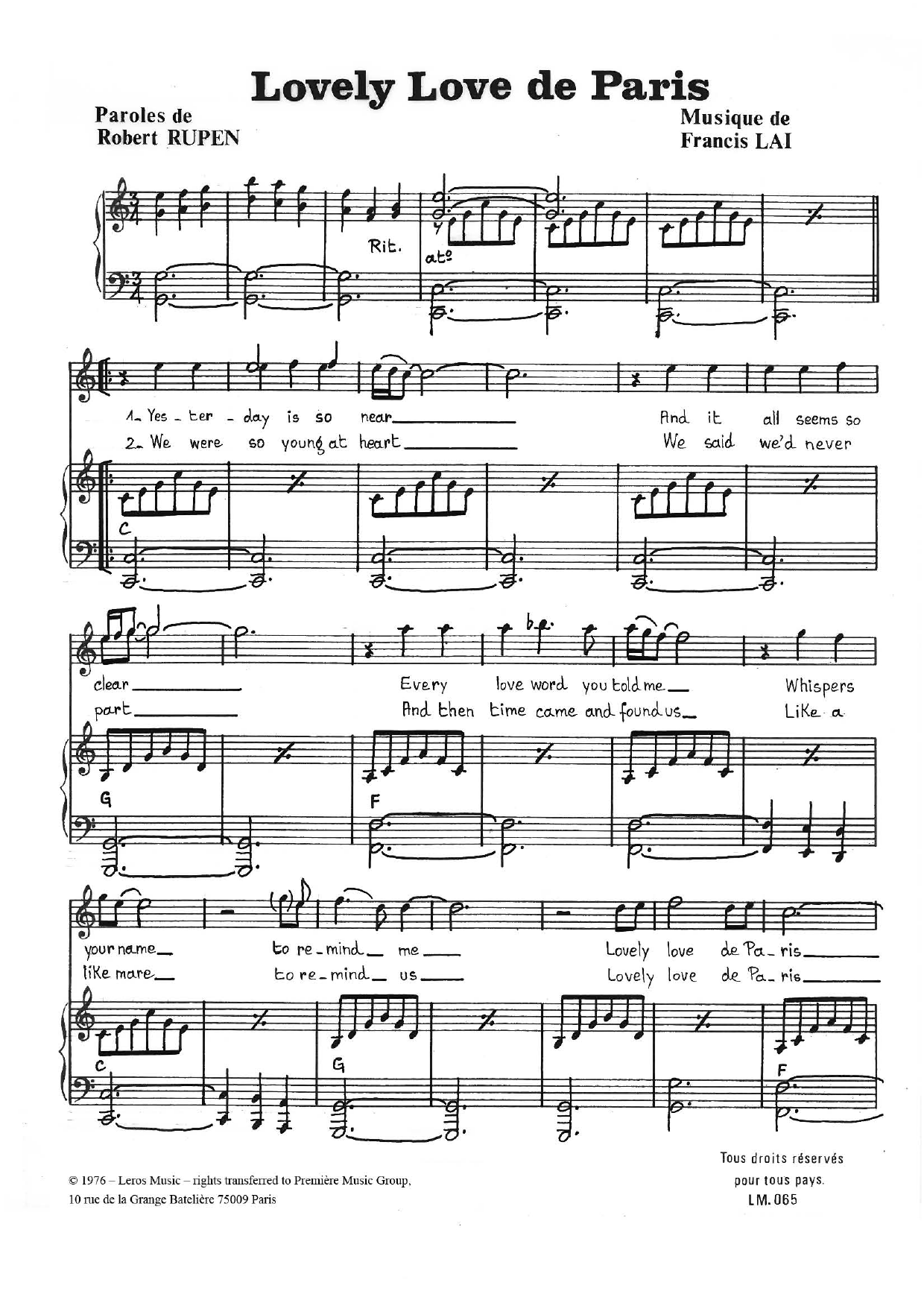 Download Robert Constandinos Lovely Love De Paris Sheet Music and learn how to play Piano, Vocal & Guitar (Right-Hand Melody) PDF digital score in minutes