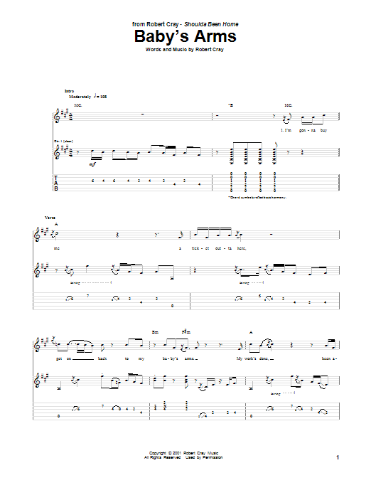 Download Robert Cray Baby's Arms Sheet Music and learn how to play Guitar Tab PDF digital score in minutes