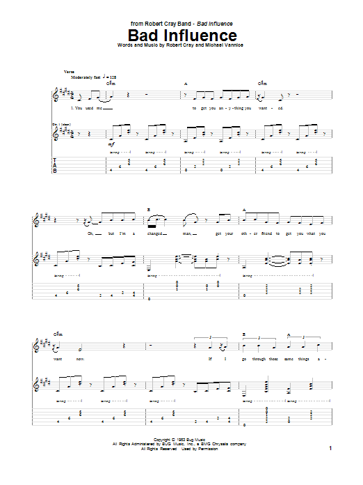 Download Robert Cray Bad Influence Sheet Music and learn how to play Guitar Tab PDF digital score in minutes
