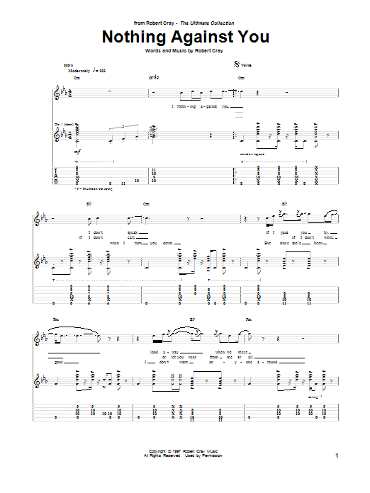 Download Robert Cray Nothing Against You Sheet Music and learn how to play Guitar Tab PDF digital score in minutes