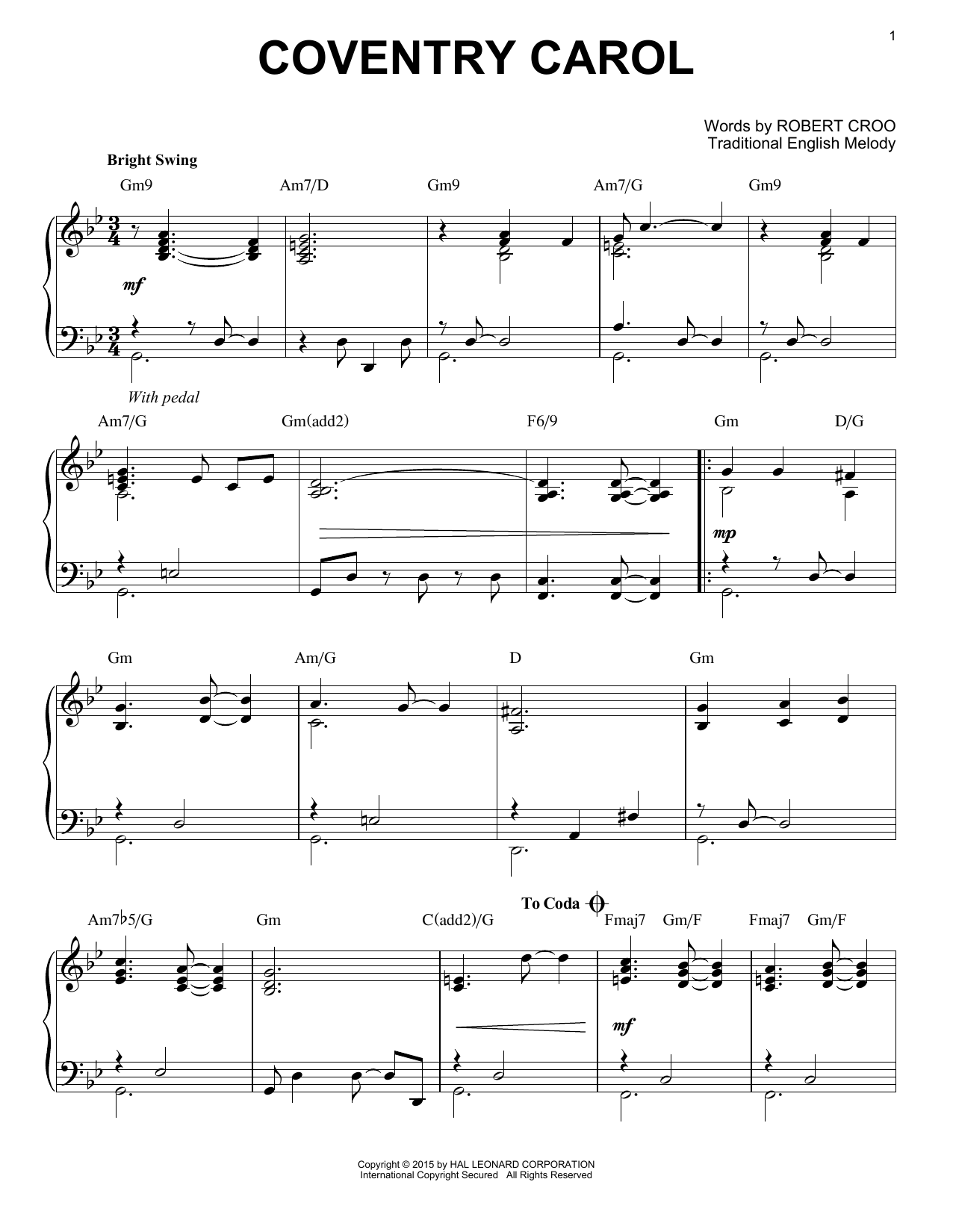 Download Christmas Carol Coventry Carol (Arr. Robert Croo) Sheet Music and learn how to play Piano PDF digital score in minutes
