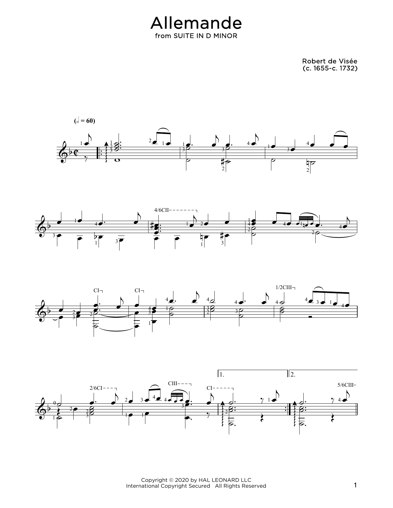 Download Robert de Visee Allemande Sheet Music and learn how to play Solo Guitar PDF digital score in minutes
