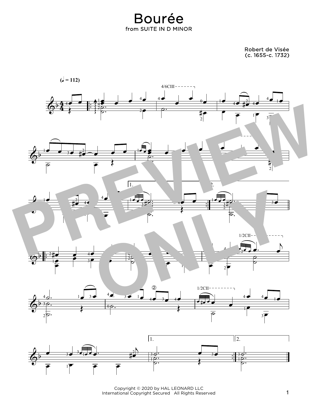 Download Robert de Visee Bouree Sheet Music and learn how to play Solo Guitar PDF digital score in minutes