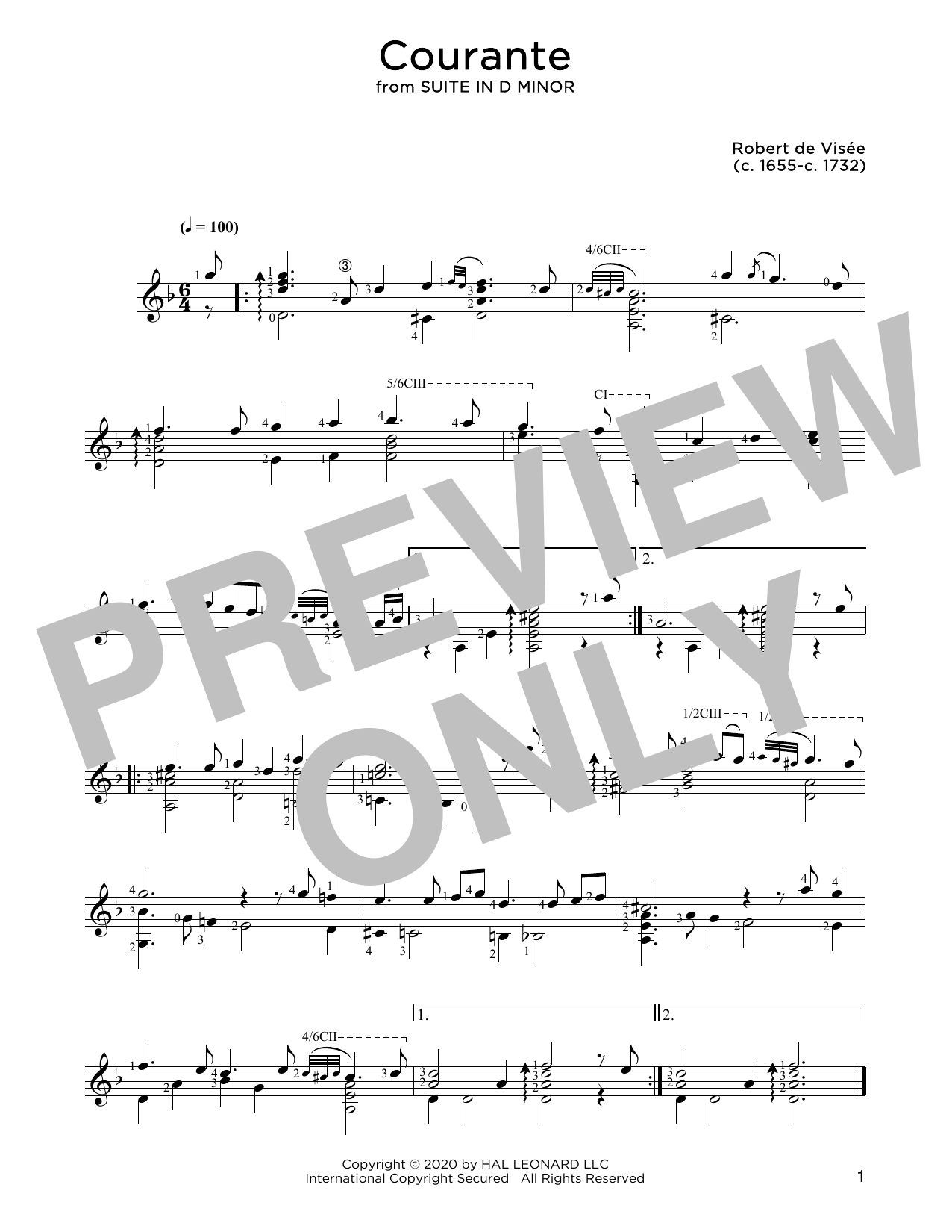 Download Robert de Visee Courante Sheet Music and learn how to play Solo Guitar PDF digital score in minutes
