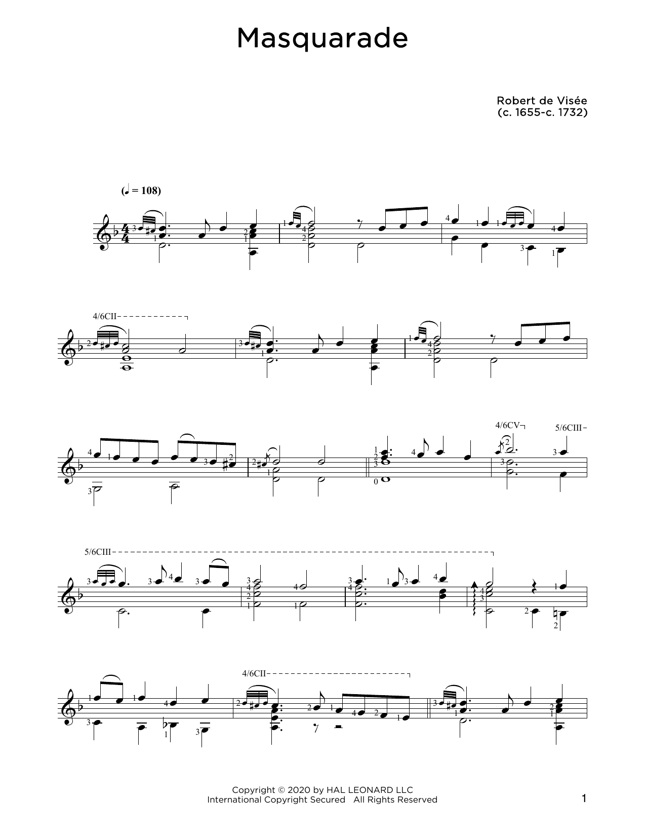 Download Robert de Visee Masquarade Sheet Music and learn how to play Solo Guitar PDF digital score in minutes