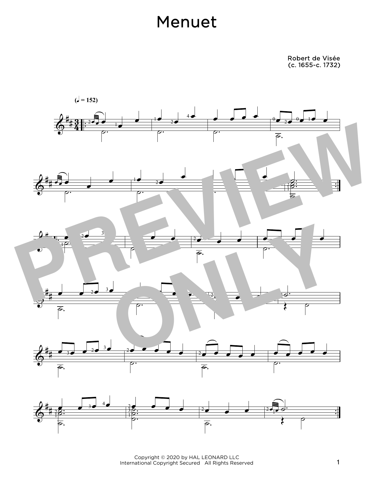 Download Robert de Visee Menuet Sheet Music and learn how to play Solo Guitar PDF digital score in minutes