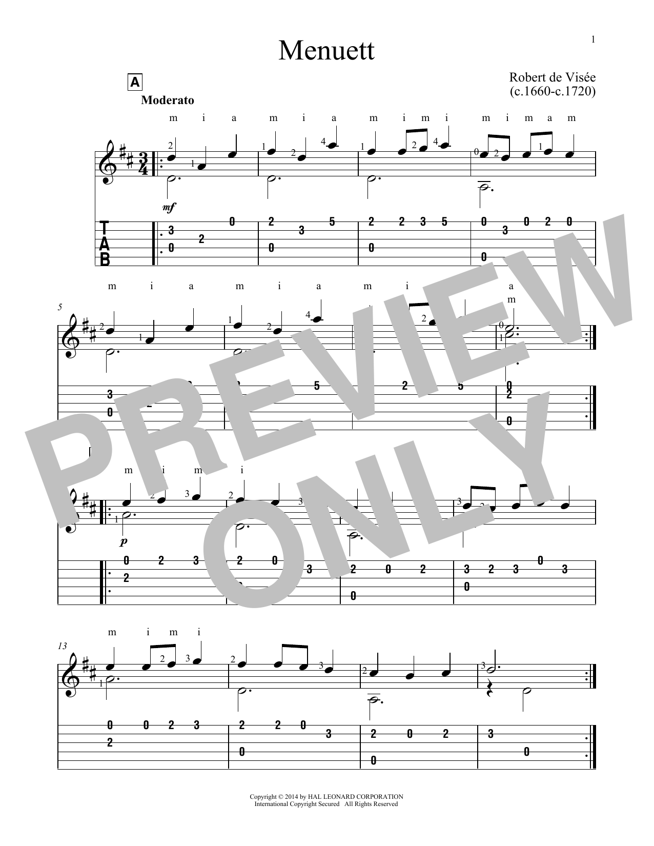 Download Robert de Visee Menuett Sheet Music and learn how to play Guitar Tab PDF digital score in minutes