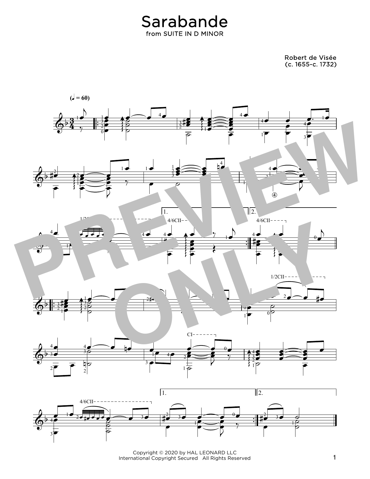 Download Robert de Visee Sarabande Sheet Music and learn how to play Solo Guitar PDF digital score in minutes