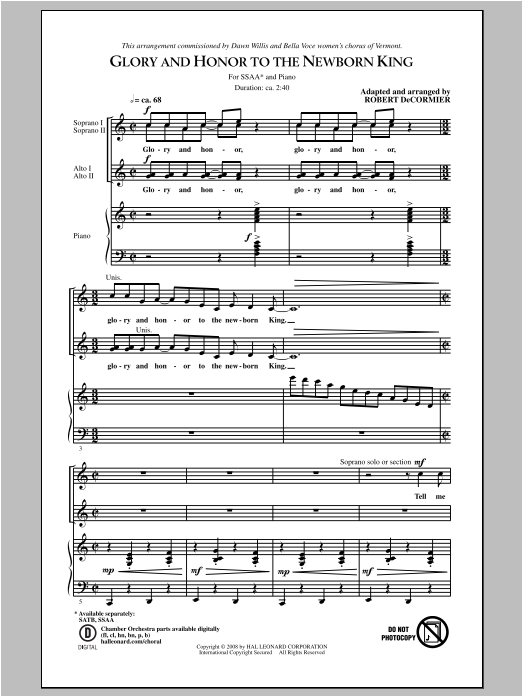 Download Robert DeCormier Glory and Honor To The Newborn King Sheet Music and learn how to play SATB PDF digital score in minutes