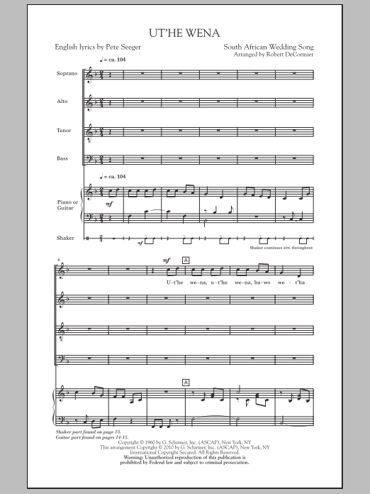 Download Robert DeCormier Ut'he Wena Sheet Music and learn how to play SATB Choir PDF digital score in minutes