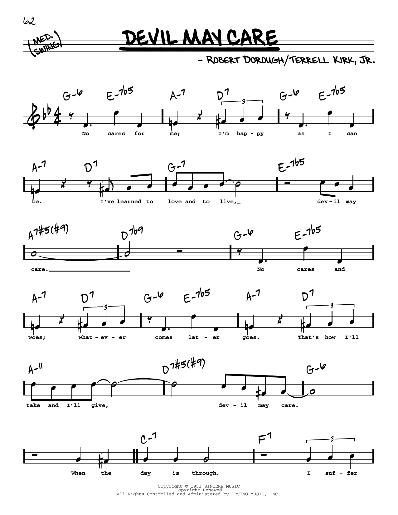 Download Robert Dorough Devil May Care (High Voice) Sheet Music and learn how to play Real Book – Melody, Lyrics & Chords PDF digital score in minutes