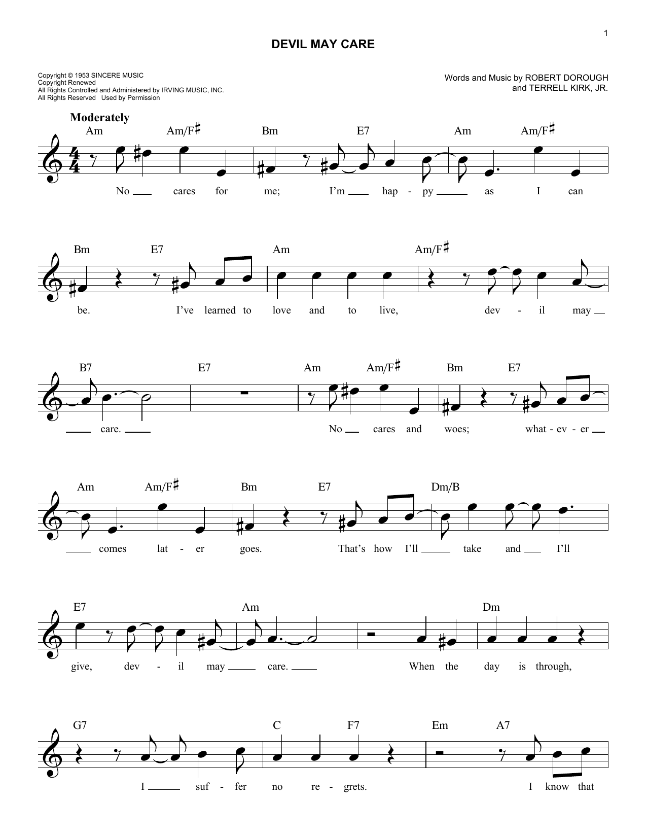 Download Robert Dorough Devil May Care Sheet Music and learn how to play Real Book – Melody & Chords PDF digital score in minutes