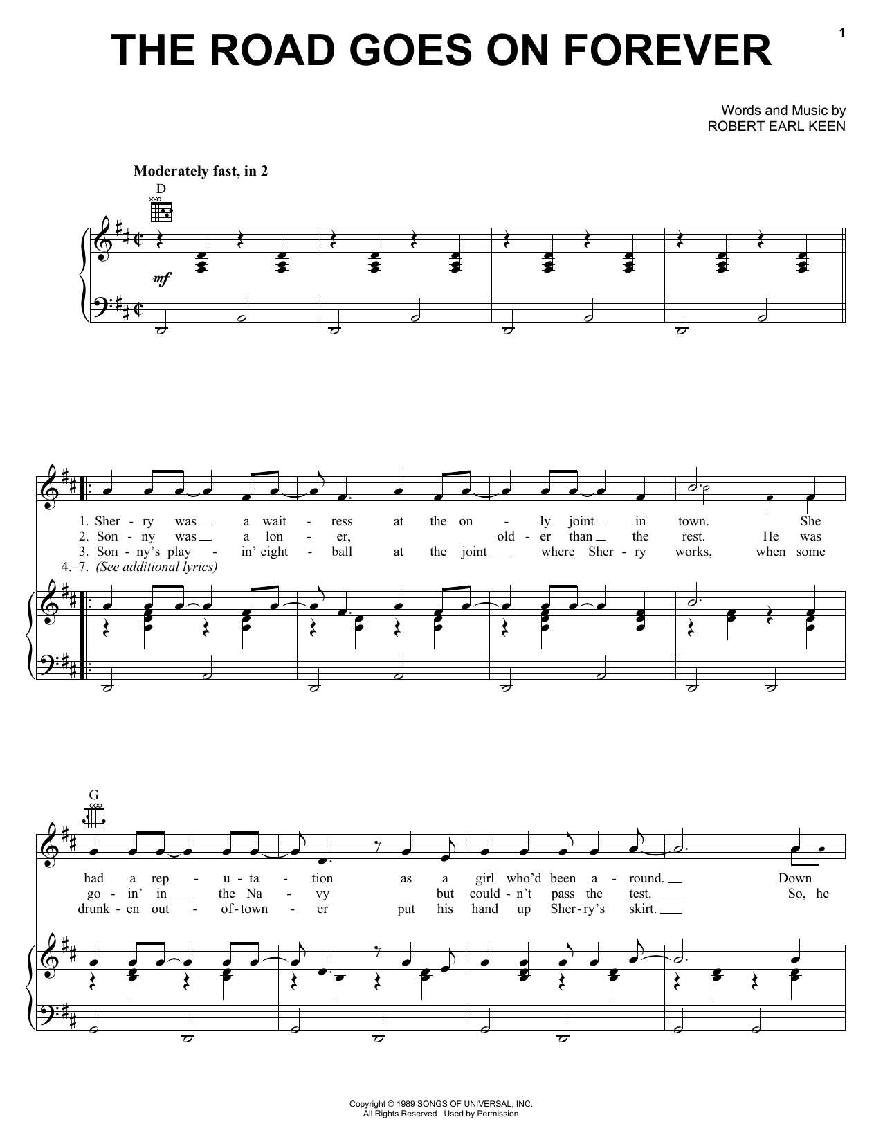 Download Robert Earl Keen The Road Goes On Forever Sheet Music and learn how to play Lyrics & Chords PDF digital score in minutes
