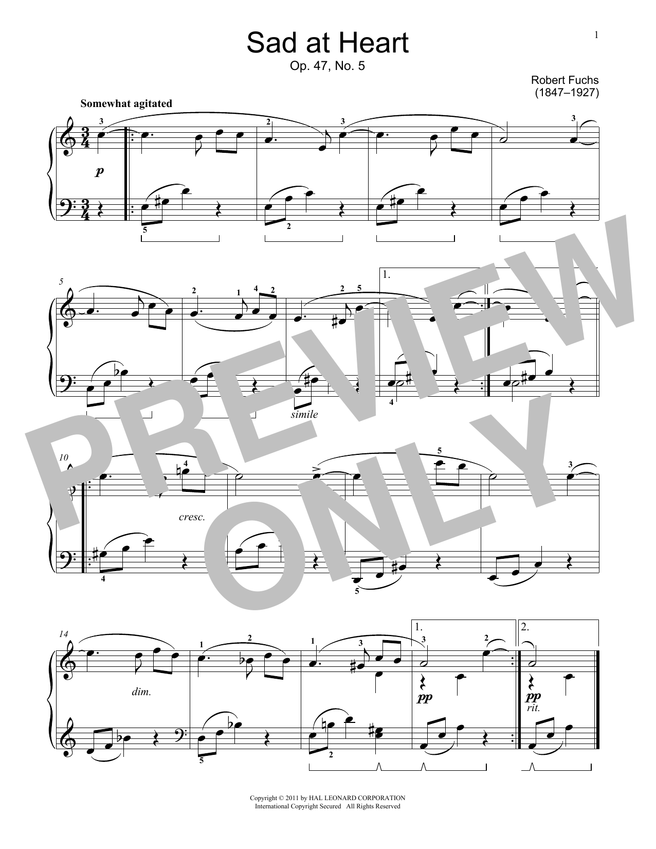 Download Robert Fuchs Sad At Heart, Op. 47, No. 5 Sheet Music and learn how to play Educational Piano PDF digital score in minutes