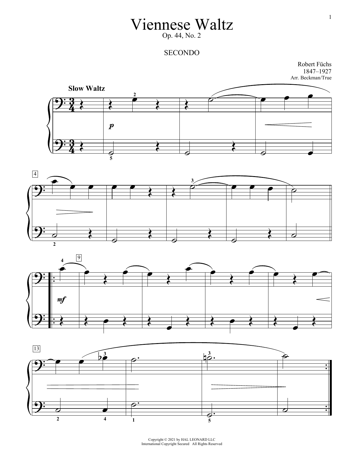 Download Robert Fuchs Viennese Waltz, Op. 44, No. 2 Sheet Music and learn how to play Piano Duet PDF digital score in minutes