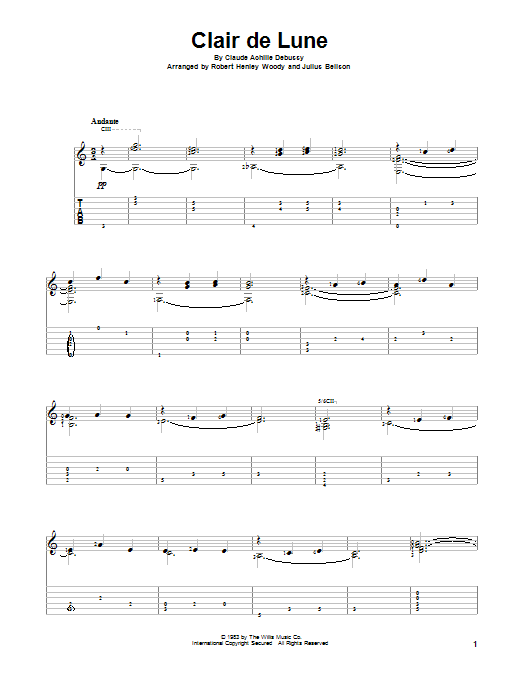 Download Robert Henley Woody Clair De Lune Sheet Music and learn how to play Guitar Tab PDF digital score in minutes