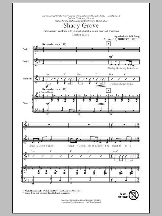 Download Traditional Shady Grove (arr. Robert Hugh) Sheet Music and learn how to play SSA PDF digital score in minutes