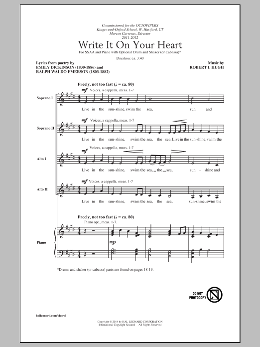 Download Robert I. Hugh Write It On Your Heart Sheet Music and learn how to play SSA PDF digital score in minutes
