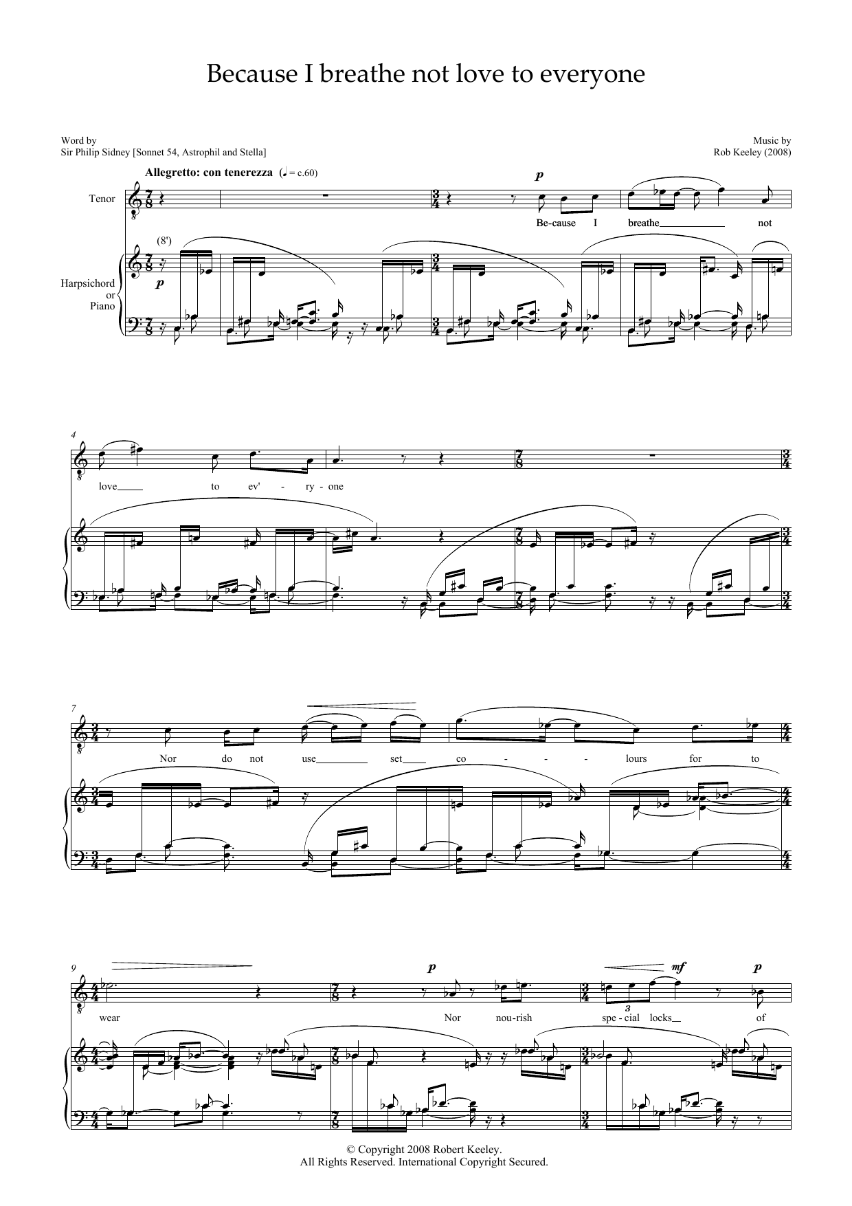 Download Robert Keeley Because I breathe not love to everyone (for tenor & harpsichord) Sheet Music and learn how to play Piano & Vocal PDF digital score in minutes