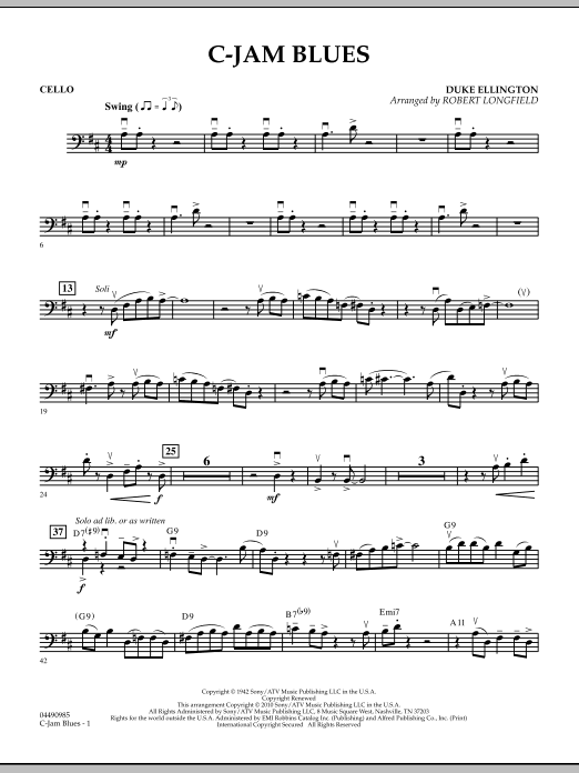 Download Robert Longfield C-Jam Blues - Cello Sheet Music and learn how to play Orchestra PDF digital score in minutes