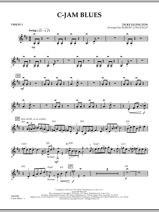 Download Robert Longfield C-Jam Blues - Violin 1 Sheet Music and learn how to play Orchestra PDF digital score in minutes