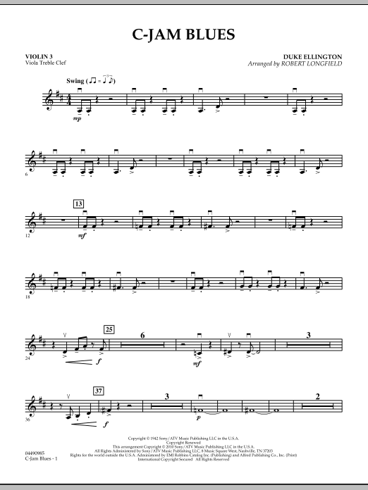 Download Robert Longfield C-Jam Blues - Violin 3 (Viola Treble Clef) Sheet Music and learn how to play Orchestra PDF digital score in minutes