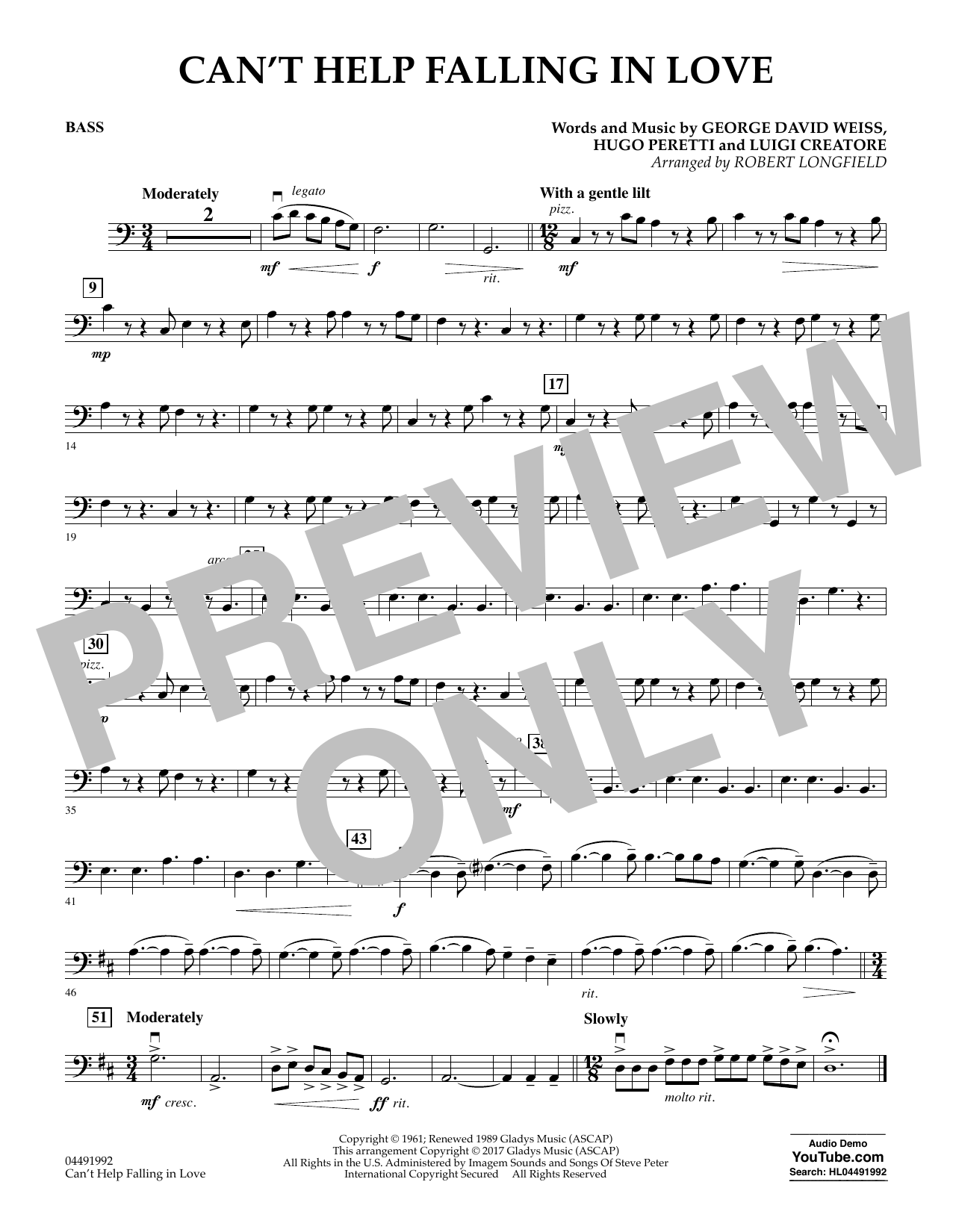 Download Robert Longfield Can't Help Falling in Love - Bass Sheet Music and learn how to play Orchestra PDF digital score in minutes