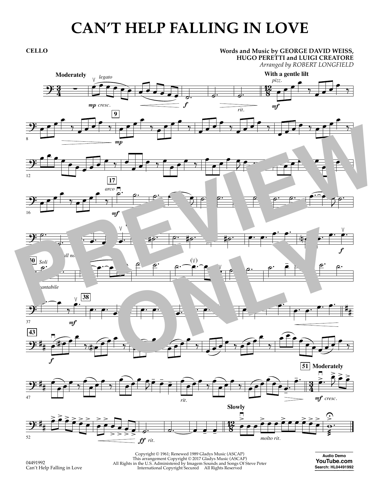Download Robert Longfield Can't Help Falling in Love - Cello Sheet Music and learn how to play Orchestra PDF digital score in minutes