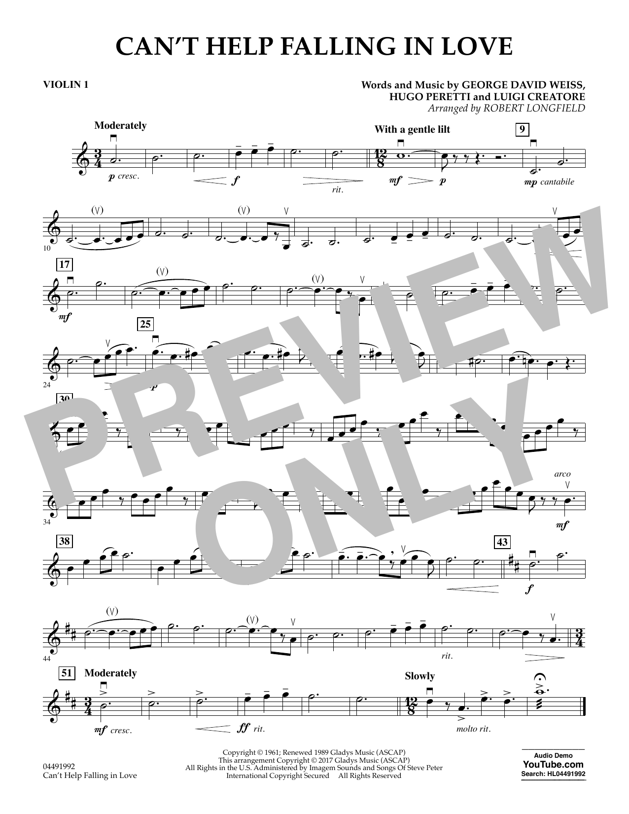 Download Robert Longfield Can't Help Falling in Love - Violin 1 Sheet Music and learn how to play Orchestra PDF digital score in minutes
