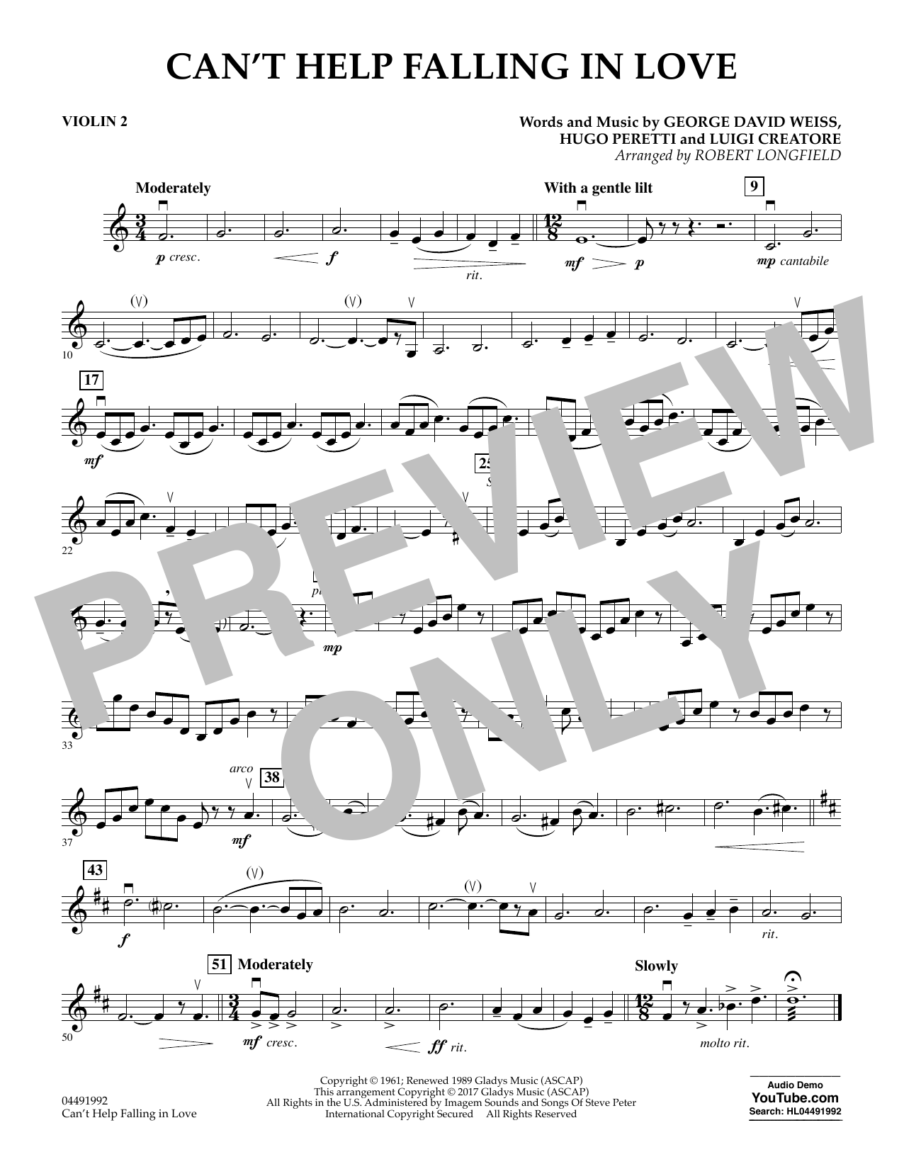 Download Robert Longfield Can't Help Falling in Love - Violin 2 Sheet Music and learn how to play Orchestra PDF digital score in minutes