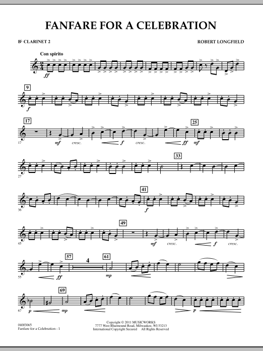 Download Robert Longfield Fanfare For A Celebration - Bb Clarinet 2 Sheet Music and learn how to play Concert Band PDF digital score in minutes