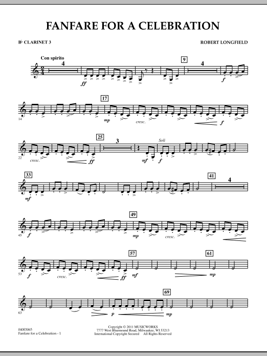 Download Robert Longfield Fanfare For A Celebration - Bb Clarinet 3 Sheet Music and learn how to play Concert Band PDF digital score in minutes