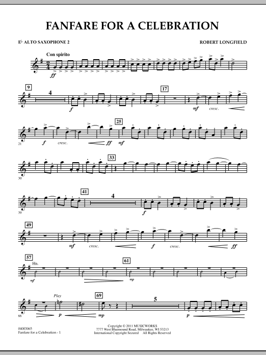 Download Robert Longfield Fanfare For A Celebration - Eb Alto Saxophone 2 Sheet Music and learn how to play Concert Band PDF digital score in minutes