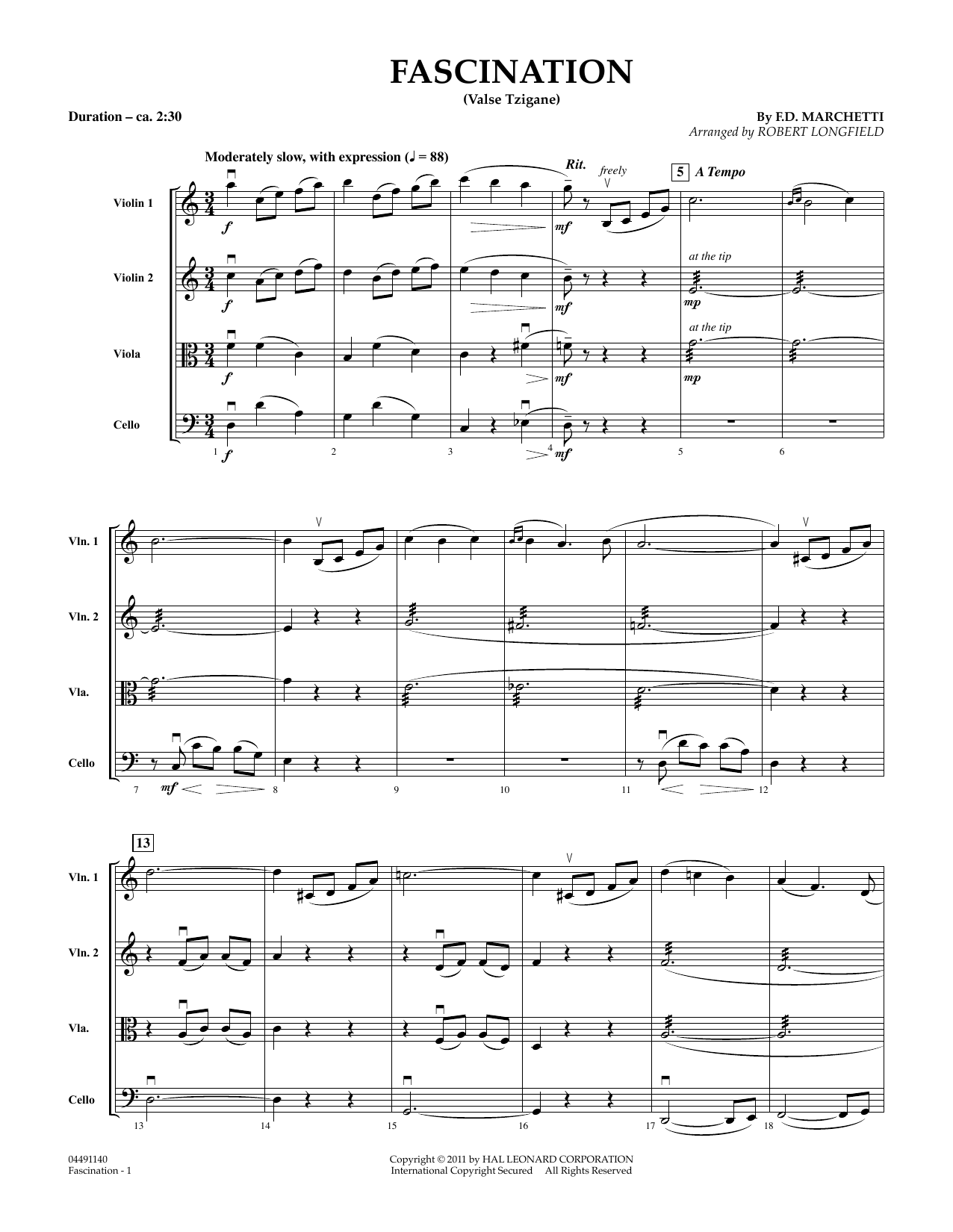 Download Robert Longfield Fascination (Valse Tzigane) - Conductor Score (Full Score) Sheet Music and learn how to play String Quartet PDF digital score in minutes