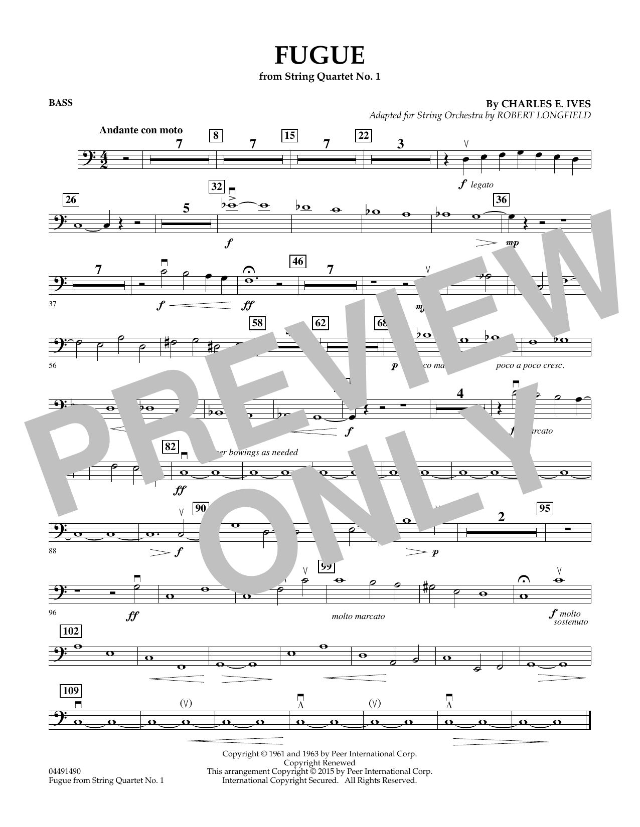 Download Robert Longfield Fugue from String Quartet No. 1 - Bass Sheet Music and learn how to play Orchestra PDF digital score in minutes