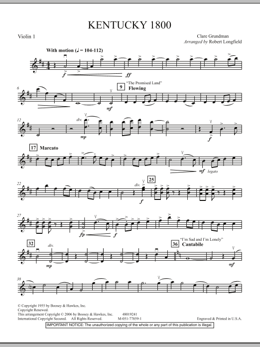 Download Robert Longfield Kentucky 1800 - Violin 1 Sheet Music and learn how to play Orchestra PDF digital score in minutes