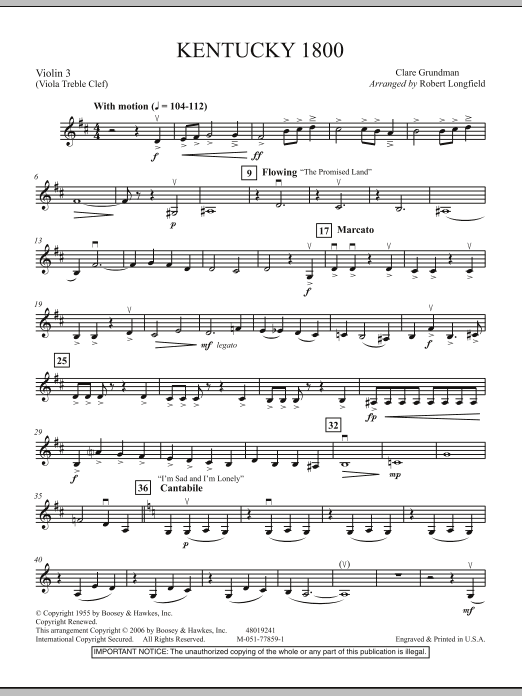 Download Robert Longfield Kentucky 1800 - Violin 3 (Viola T.C.) Sheet Music and learn how to play Orchestra PDF digital score in minutes