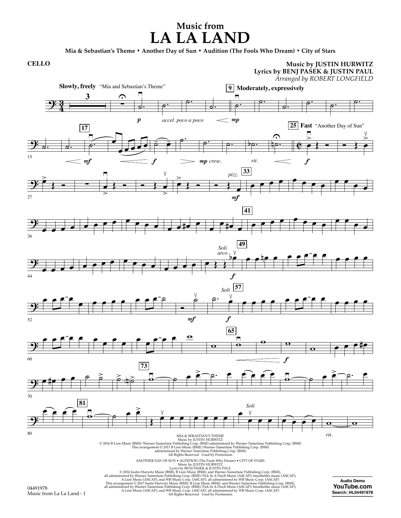 Download Robert Longfield Music from La La Land - Cello Sheet Music and learn how to play Orchestra PDF digital score in minutes