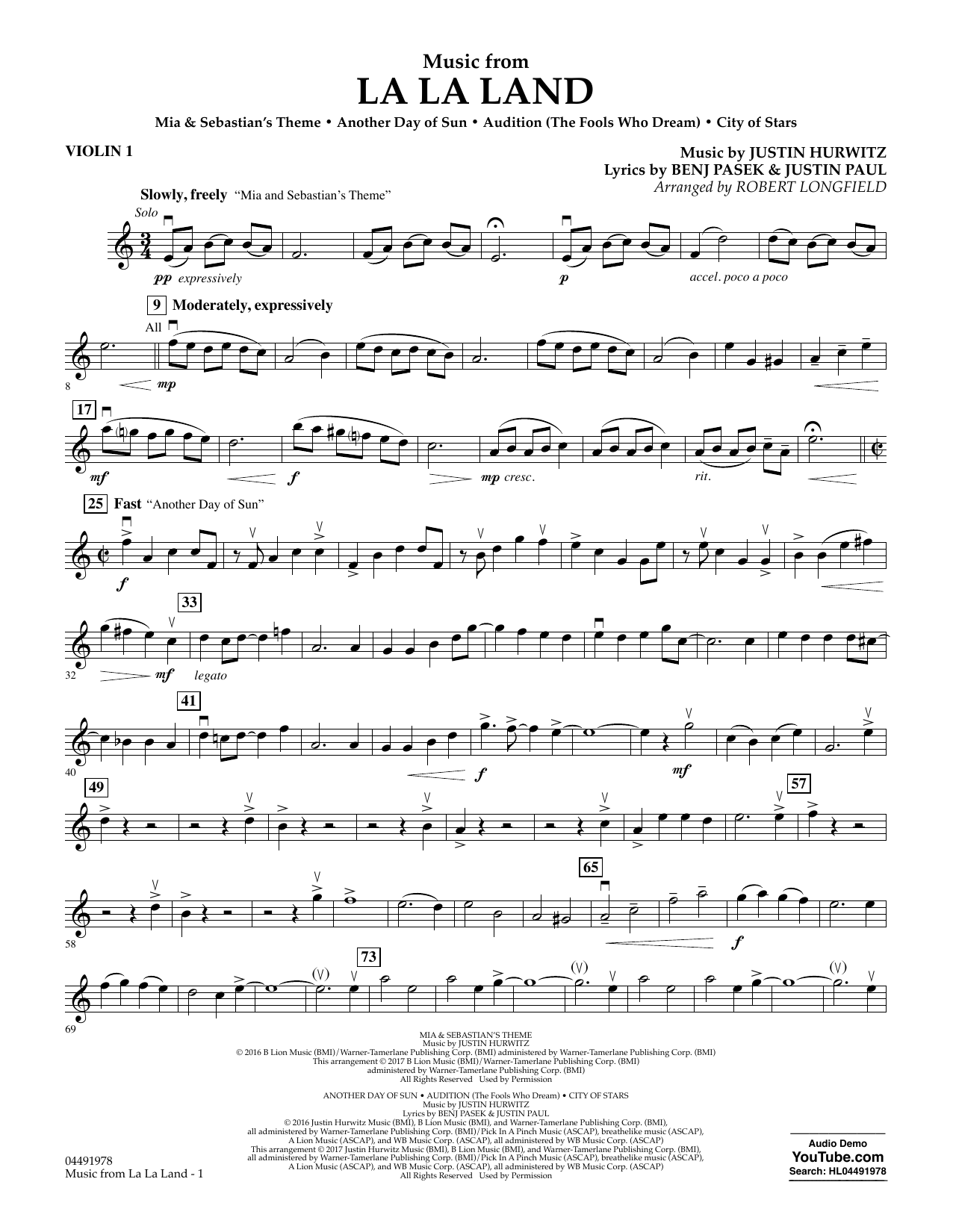 Download Robert Longfield Music from La La Land - Violin 1 Sheet Music and learn how to play Orchestra PDF digital score in minutes