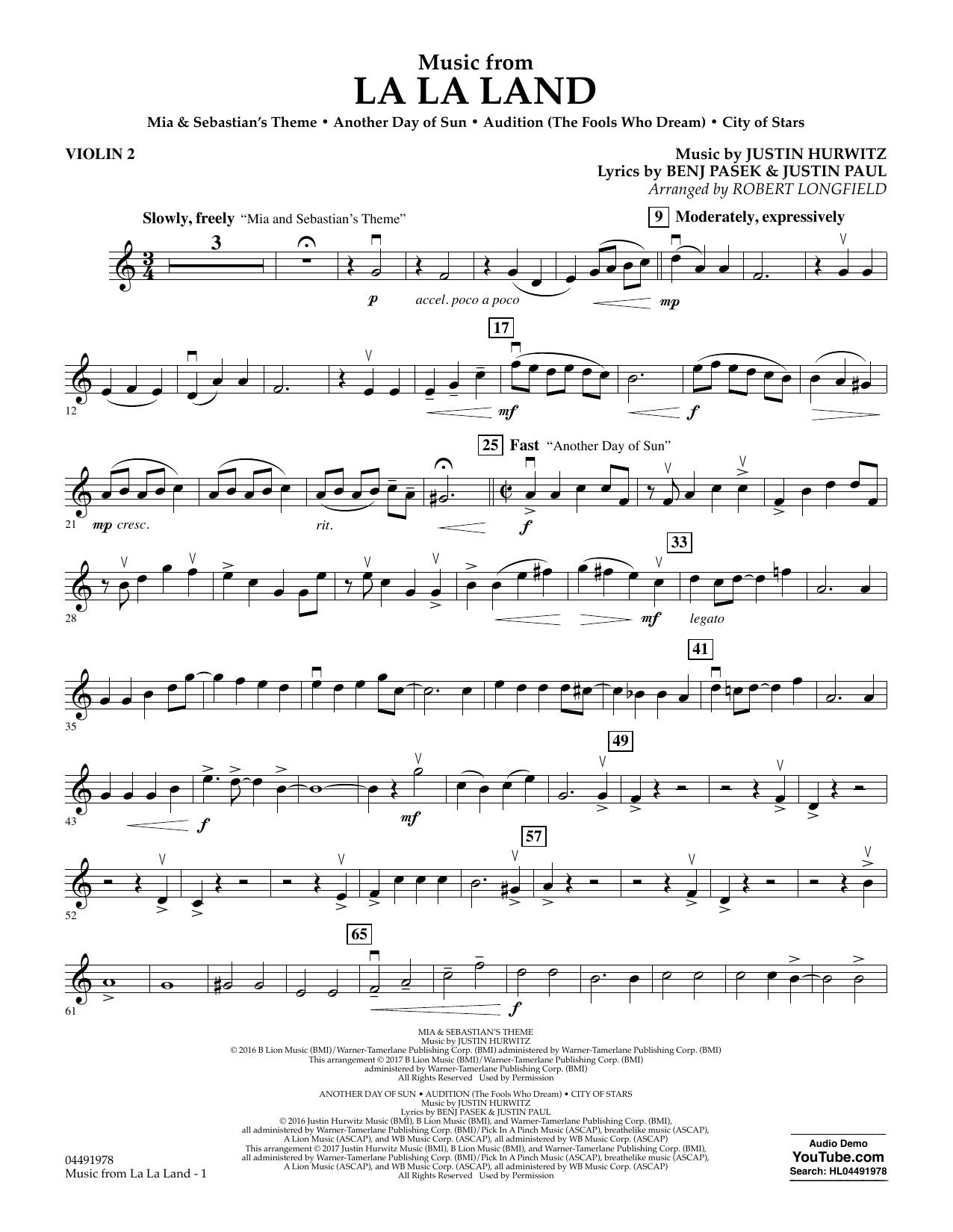 Download Robert Longfield Music from La La Land - Violin 2 Sheet Music and learn how to play Orchestra PDF digital score in minutes