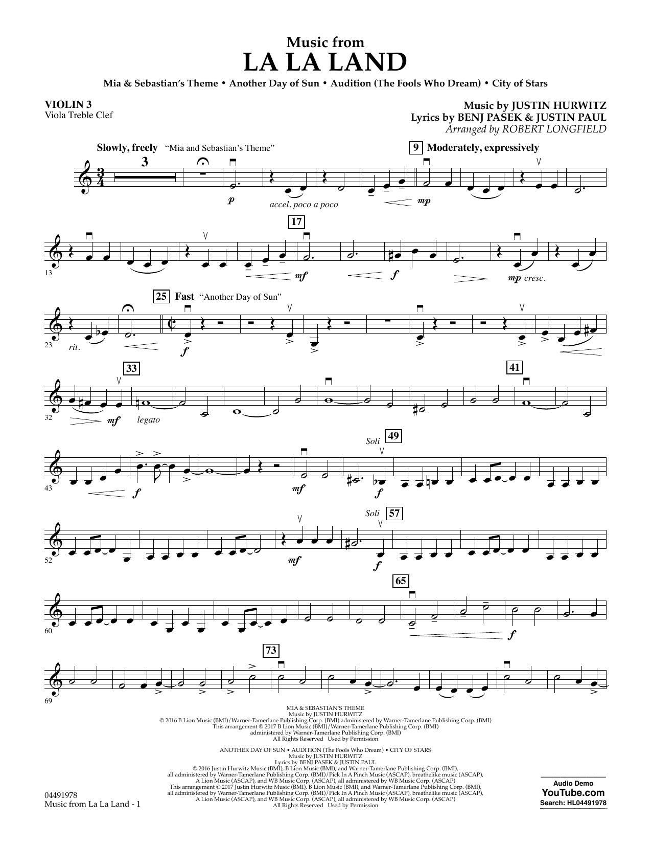 Download Robert Longfield Music from La La Land - Violin 3 (Viola Treble Clef) Sheet Music and learn how to play Orchestra PDF digital score in minutes