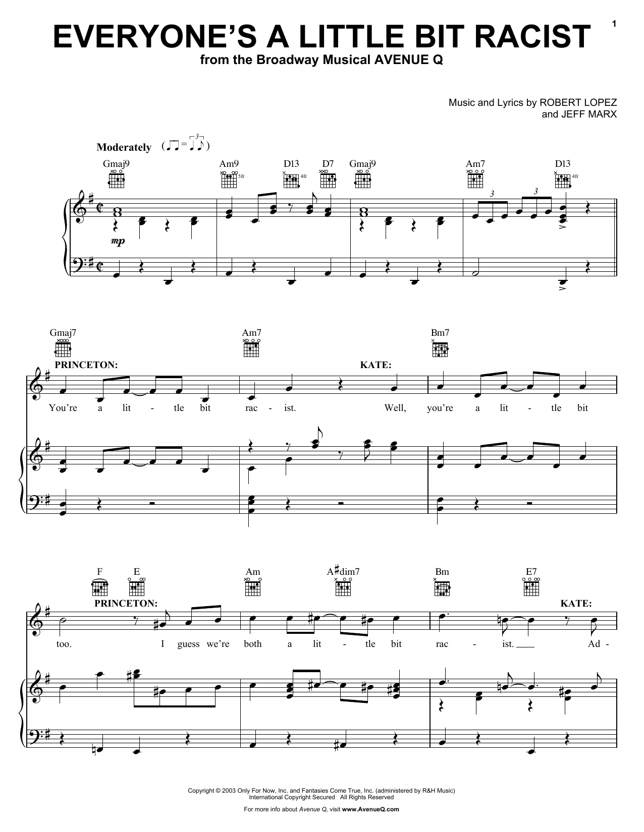 Download Avenue Q Everyone's A Little Bit Racist Sheet Music and learn how to play Piano, Vocal & Guitar (Right-Hand Melody) PDF digital score in minutes