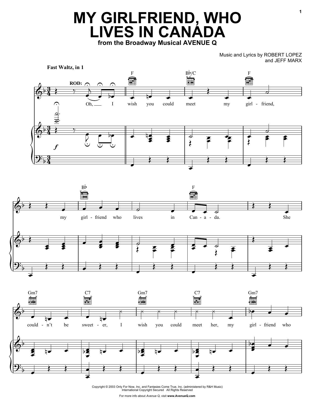 Download Avenue Q My Girlfriend, Who Lives In Canada Sheet Music and learn how to play Piano, Vocal & Guitar (Right-Hand Melody) PDF digital score in minutes