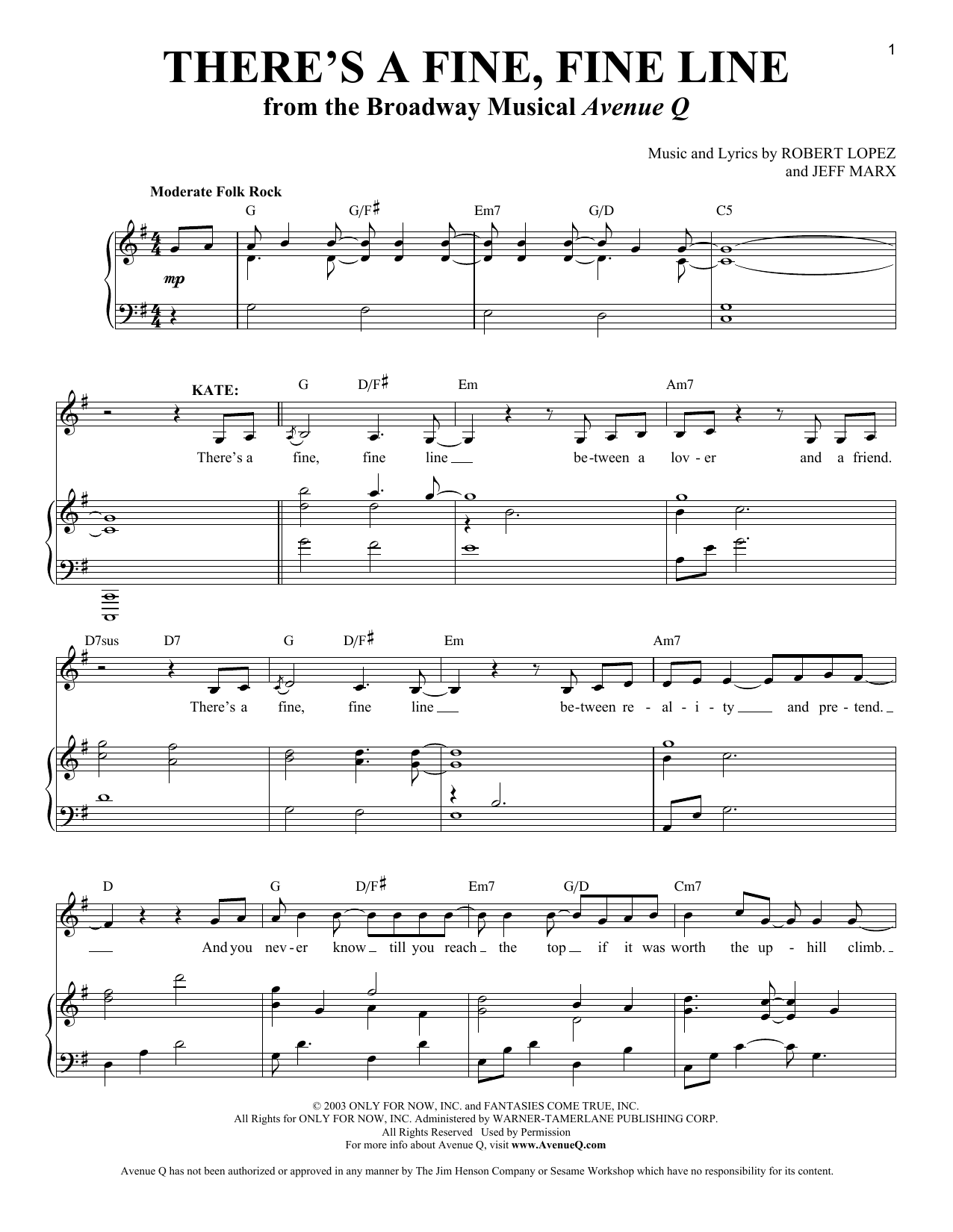 Download Robert Lopez & Jeff Marx There's A Fine, Fine Line (from Avenue Q) Sheet Music and learn how to play Very Easy Piano PDF digital score in minutes