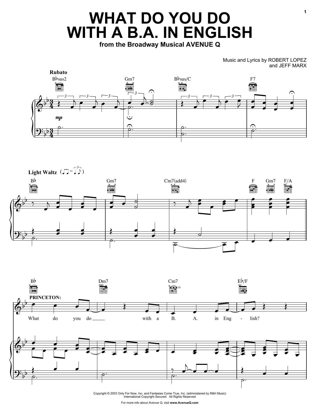 Download Avenue Q What Do You Do With A B.A. In English Sheet Music and learn how to play Piano, Vocal & Guitar (Right-Hand Melody) PDF digital score in minutes