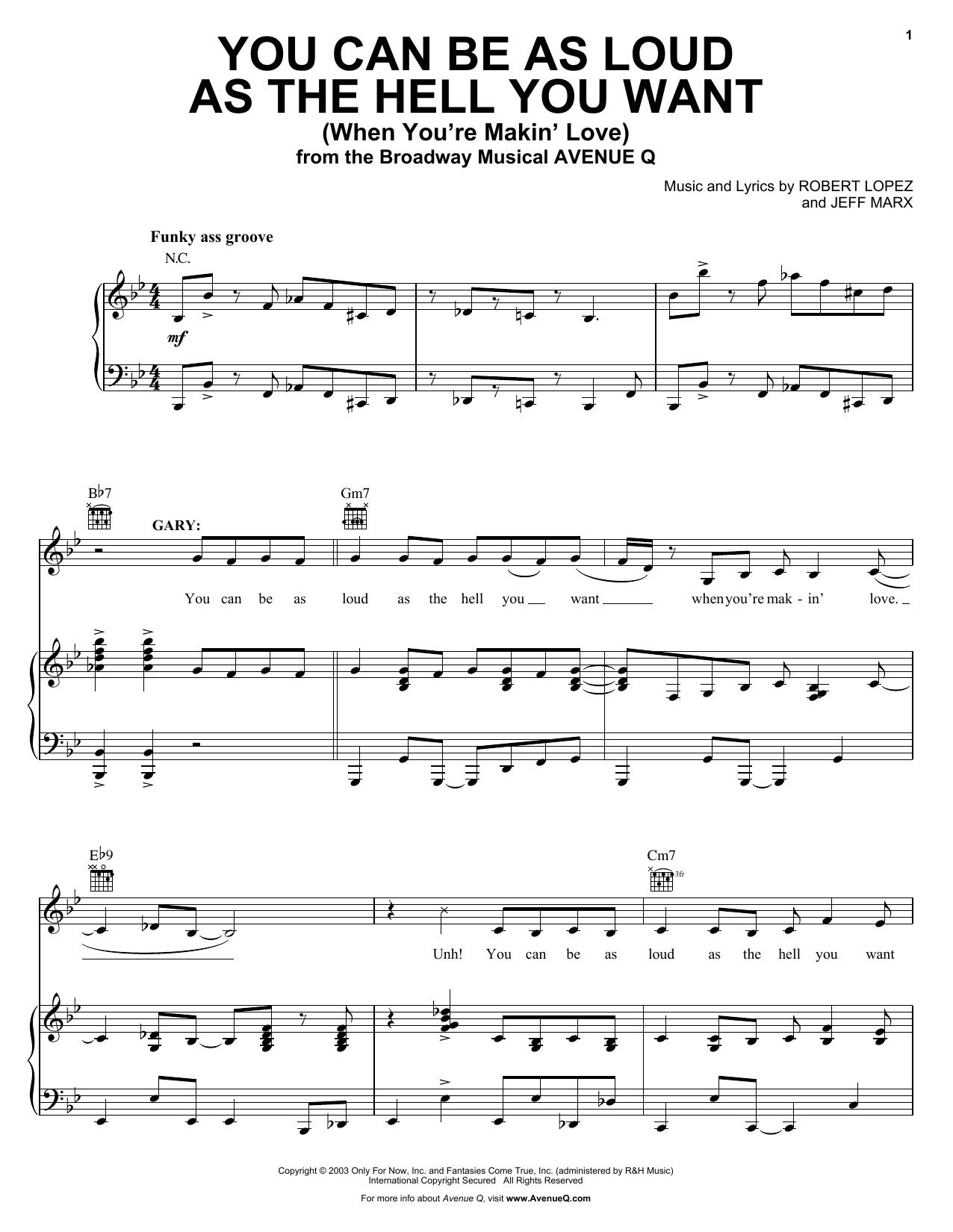 Download Avenue Q You Can Be As Loud As The Hell You Want (When You're Makin' Love) Sheet Music and learn how to play Piano, Vocal & Guitar (Right-Hand Melody) PDF digital score in minutes